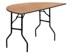 Sweetheart table that is a half circle table top with foldable metal black legs on a white background.