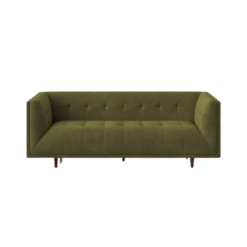 Olive velvet modern sofa with light tufting and square arms. Brown wooden legs.