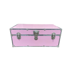 Boxy trunk with silver edge and two clasps on sides. Locking mechanism in middle.