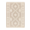 Neutral rug with tan backing and cream tufted geometric symmetrical pattern.