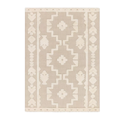 Neutral rug with tan backing and cream tufted geometric symmetrical pattern.