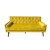 Bright yellow sofa with diamond tufted back, two small rolled pillows on the arms and wooden slanted legs.