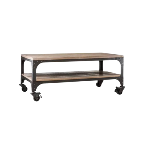Gray steel frame with two wooden shelves. Rectangle with caster wheels.