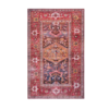 4x6 foot rug with floral patterns around boarder and design in the center. Hues of red with blue, cream and other neutral hues.