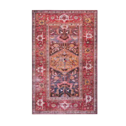 4x6 foot rug with floral patterns around boarder and design in the center. Hues of red with blue, cream and other neutral hues.
