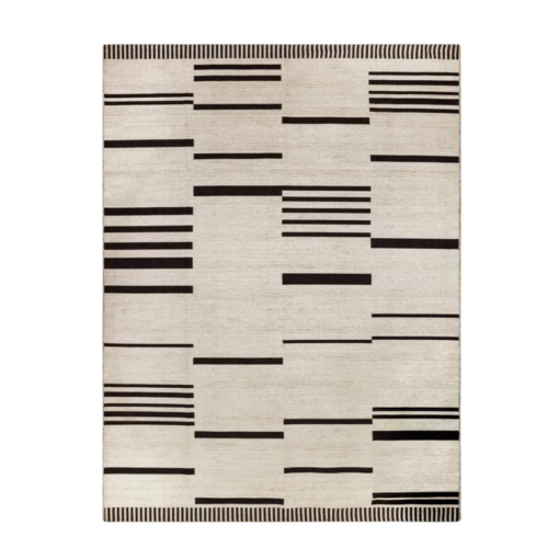 Neutral toned rug with cream background and solid dark gray bars in various positions across 4 columns.
