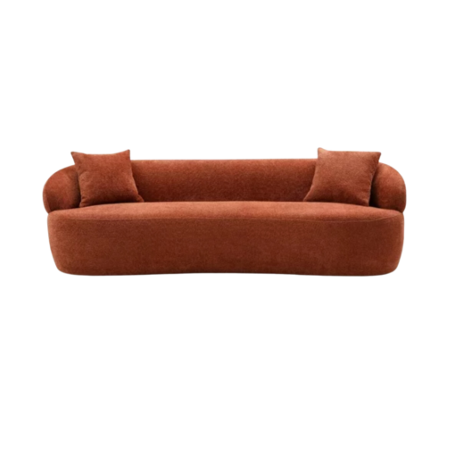 Burnt orange fuzzy boucle fabric in a modern minimalist curved sofa with one piece on the bottom in a half moon shape. No cushions. Two square pillows