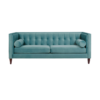 Modern square sofa with the arms the same height as the back. Turquoise blue velvet fabric with button tufted back. Two round bolster pillows and dark wood legs.