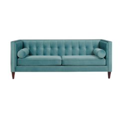 Modern square sofa with the arms the same height as the back. Turquoise blue velvet fabric with button tufted back. Two round bolster pillows and dark wood legs.