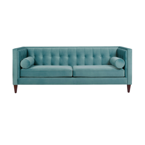 Modern square sofa with the arms the same height as the back. Turquoise blue velvet fabric with button tufted back. Two round bolster pillows and dark wood legs.