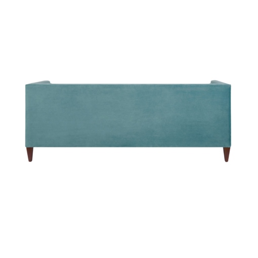 Back of sofa. Clean lines with solid blue velvet.