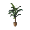 Faux banana plant with wide leaves standing over 7 feet tall. Brown pot.