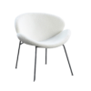 Plush white round accent chair with dark gray metal legs. Scooped seat.