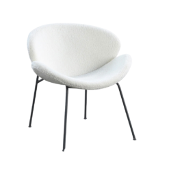 Plush white round accent chair with dark gray metal legs. Scooped seat.