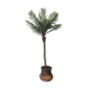 Fake palm tree at 7.5 feet tall. Green leaves, brown trunk and a brown pot.