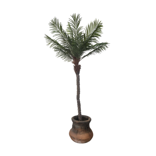 Fake palm tree at 7.5 feet tall. Green leaves, brown trunk and a brown pot.