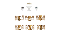 Bar Package with a Boho Vibe. White table with a white and gold umbrella. Vintage washing tubs for drnk dispensers and wooden twist cocktail tables with leather and wood stools.