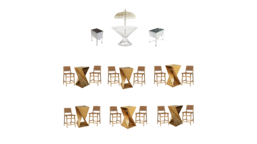 Bar Package with a Boho Vibe. White table with a white and gold umbrella. Vintage washing tubs for drnk dispensers and wooden twist cocktail tables with leather and wood stools.