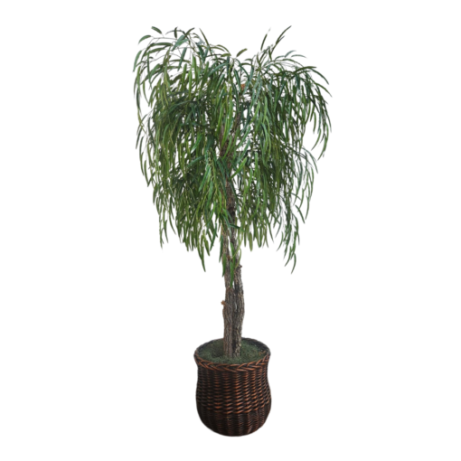 Faux tree with drooping greenery in the shape of a willow tree. Brown trunk in a brown pot.