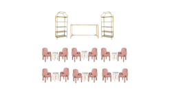 Bar package with gold shelves and table, 12 pink velvet chairs and gold and marble tables.