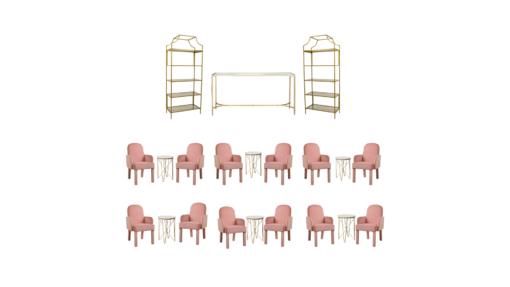 Bar package with gold shelves and table, 12 pink velvet chairs and gold and marble tables.