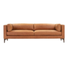 Cognac tan, light brown long sofa with two cushions. Wood legs. Two bolsters on each end.