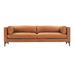 Cognac tan, light brown long sofa with two cushions. Wood legs. Two bolsters on each end.