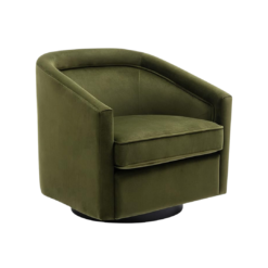 Sage green velvet round swivel barrel chair. Smooth arms. 1 cushion
