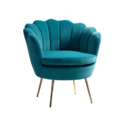 Teal velvet barrel chair with scalloped seashell back. Circle round cushion. Gold slender legs.