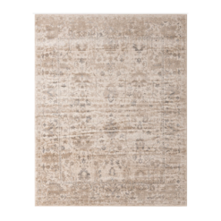 Tan, beige, ivory and gray hues make up subtle geometric patterns in this low pile rectangular rug.