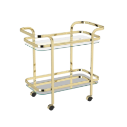 Brass gold two tiered bar cart with thick gold edges. Two mirror shelves. Black wheels.