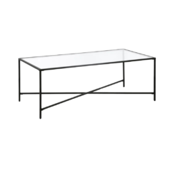 Rectangular metal coffee table with black frame. Four legs. Cross X near the bottom. Glass top.