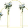 Set of 3 minimal gold arches. Middle arch is tallest with full curve. Two side arches on either side with a straight line on one side and curve on the other. Free standing and gold