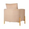 Back view of the Dune Chair showcasing its soft beige fabric and wooden legs