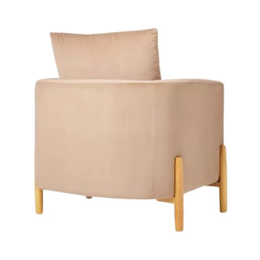 Back view of the Dune Chair showcasing its soft beige fabric and wooden legs