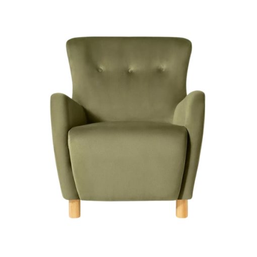 Front view of the Moss Chair featuring its plush cushion and mid-century modern wingback