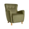 Side view of the Moss Chair displaying its ergonomic design and natural wooden legs.
