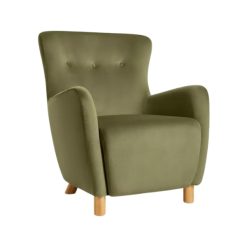 Side view of the Moss Chair displaying its ergonomic design and natural wooden legs.