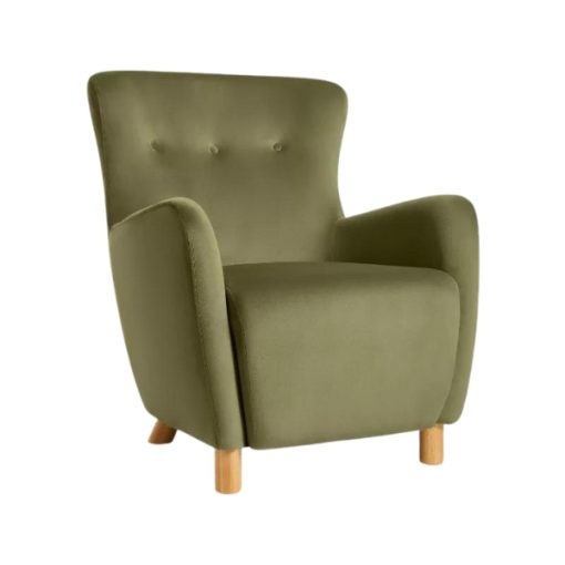 Side view of the Moss Chair displaying its ergonomic design and natural wooden legs.