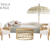 White sofa, two white chairs, coffee table, and umbrella.