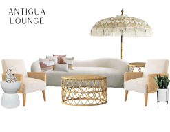 White sofa, two white chairs, coffee table, and umbrella.