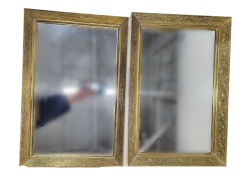 set of two rectangular mirrored trays. Thick gold trim.