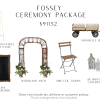 A woodland arch that is made of branches, folding brown ceil chairs with black metal. a white wagon made of wood, a large chalkboard with an ivory easel, and rustic white lanterns.