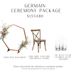 Hexagon shaped backdrop made of wood, dark resin vineyard crossback chair, and a set of clear cylinder votive holders.