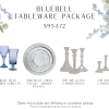 100 light blue matching goblets, 100 vintage blue china salad and dinner plates, 39 medium glass candlesticks, and 39 small glass candlesticks.