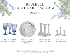 100 light blue matching goblets, 100 vintage blue china salad and dinner plates, 39 medium glass candlesticks, and 39 small glass candlesticks.