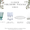 Package includes 100 mint matching goblets, 100 classic champagne flutes, 100 glass dinner plates, and 13 sets of glass cylinder votives.