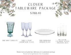 Package includes 100 mint matching goblets, 100 classic champagne flutes, 100 glass dinner plates, and 13 sets of glass cylinder votives.