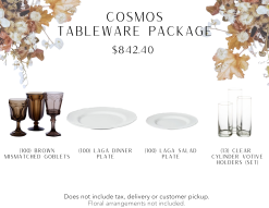 Tableware package includes 100 brown mismatched goblets, 100 white dinner and salad plates, 13 sets of clear cylinder votive holders.