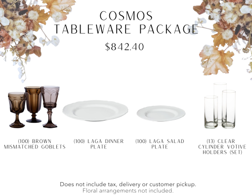 Tableware package includes 100 brown mismatched goblets, 100 white dinner and salad plates, 13 sets of clear cylinder votive holders.